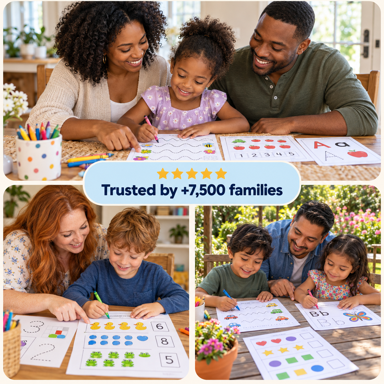 Families enjoying printable activities together indoors and outdoors