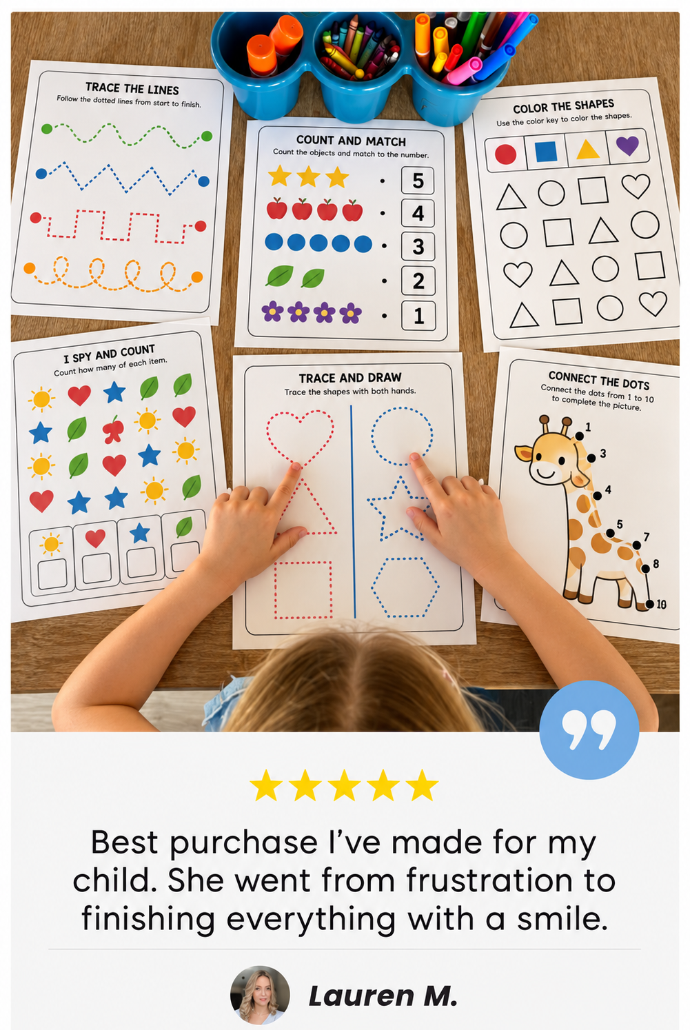 Illustrative testimonial card 1, showing printable activities and a sample parent quote
