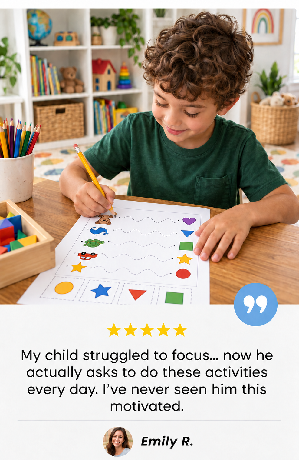 Illustrative testimonial card 3, showing printable activities and a sample parent quote
